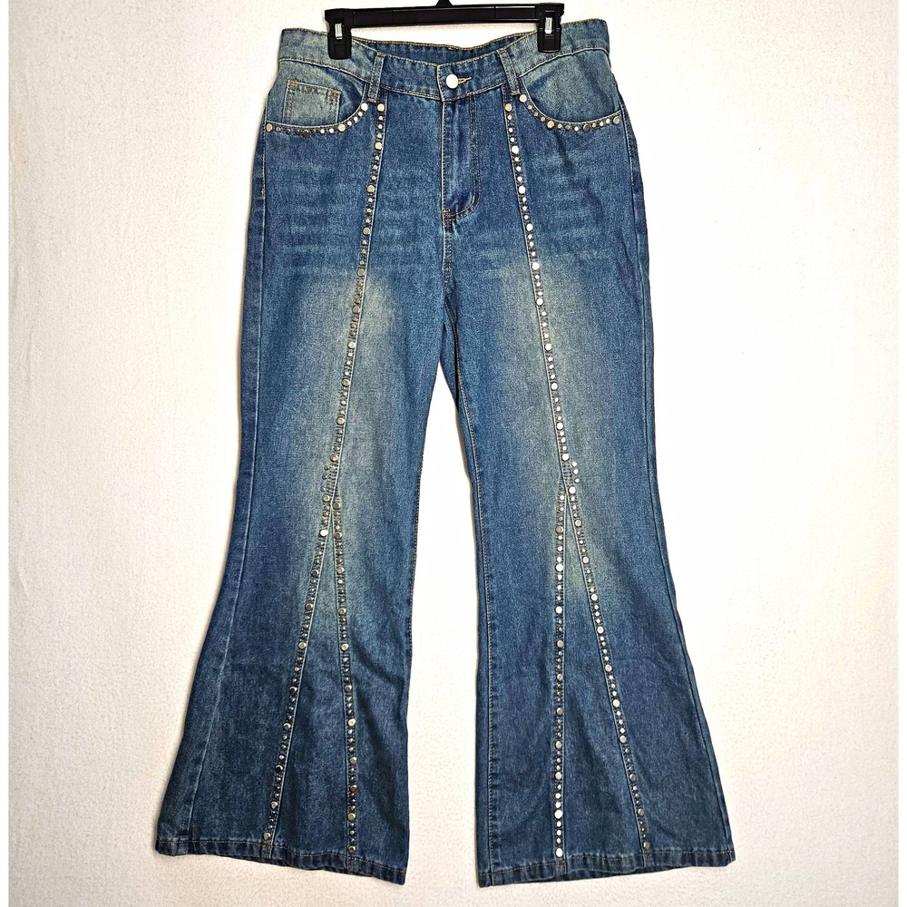 MANFINITY Women's Blue Medium Wash Studded Flared Jeans 5-Pocket Button 34x30